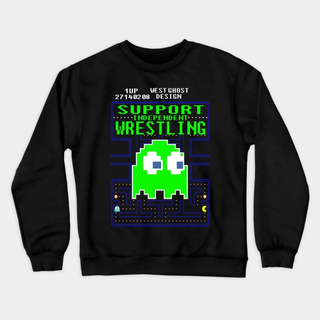 support indy wrestling pacman ghost 8bit Crewneck Sweatshirt by WestGhostDesign707